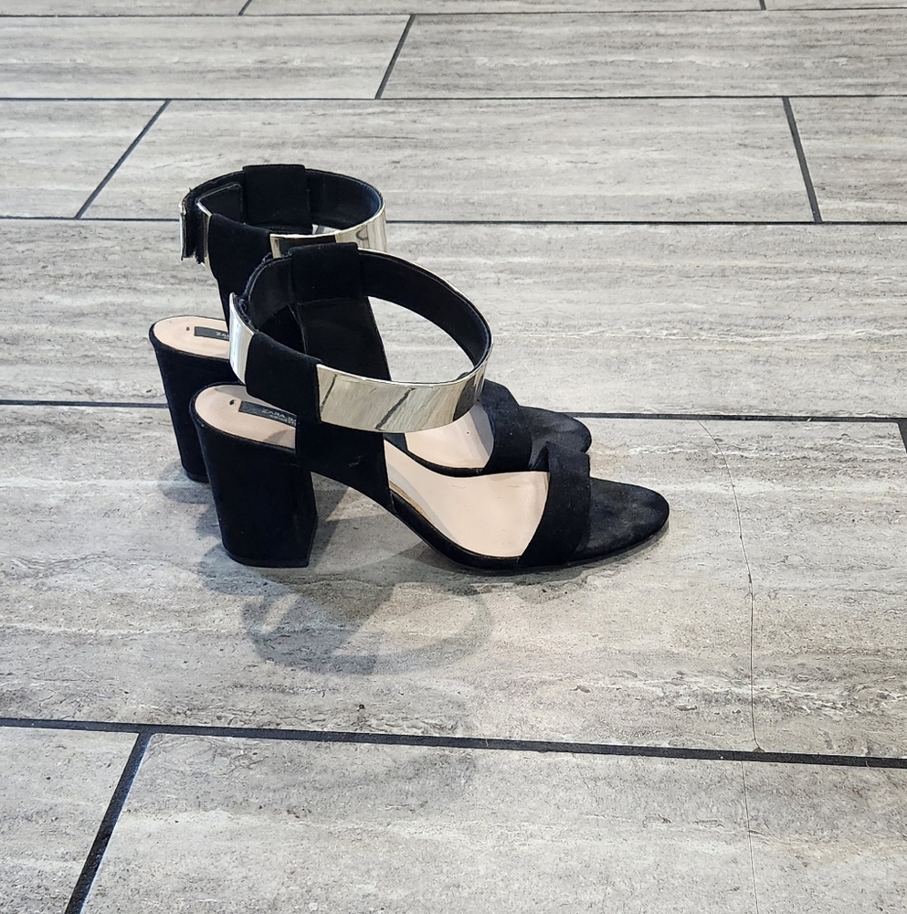 Zara Black and Silver Heels with Ankle Strap